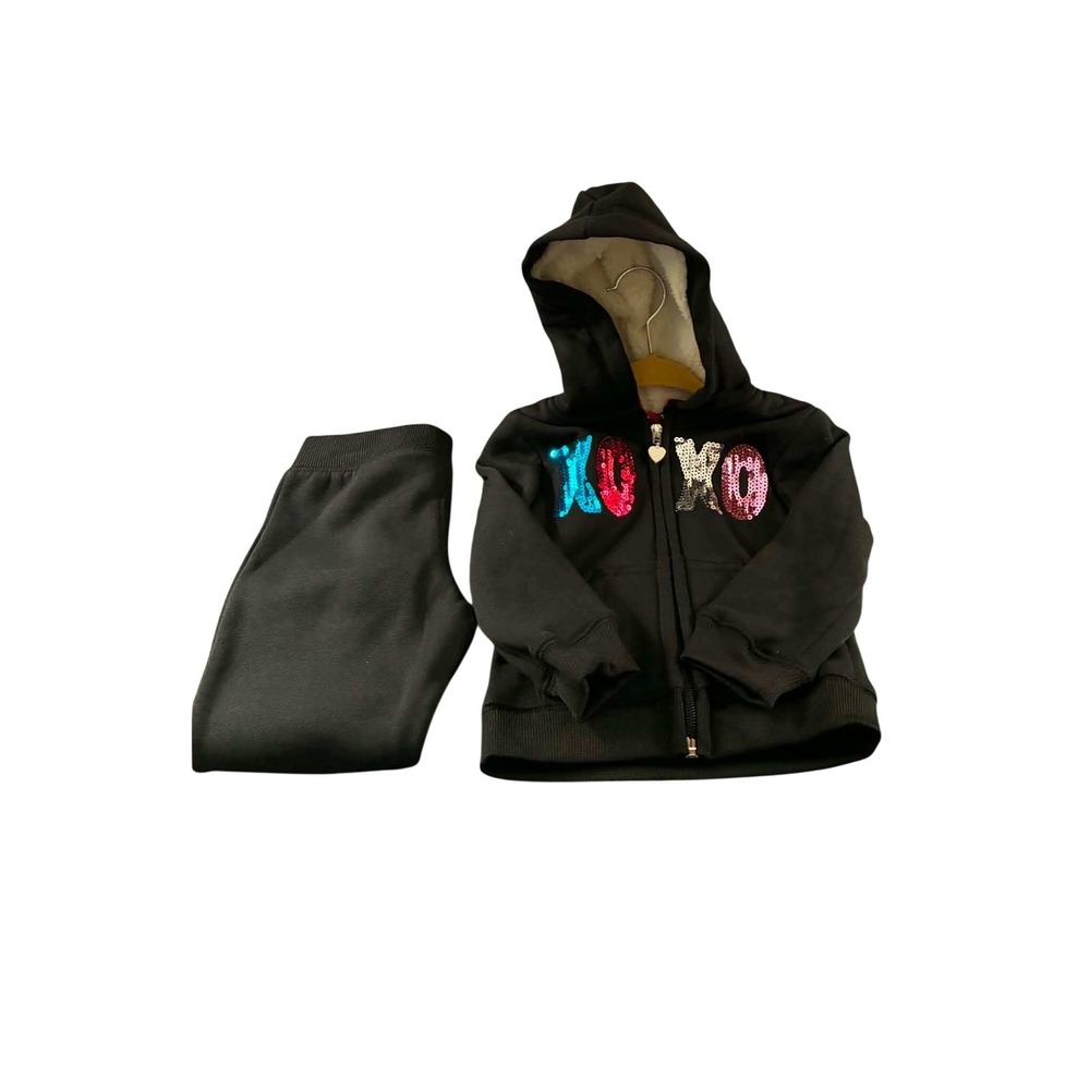 XOXO‎ Hoodie Joggers Set Toddler 18M Black Sequin Sherpa Lined Tracksuit